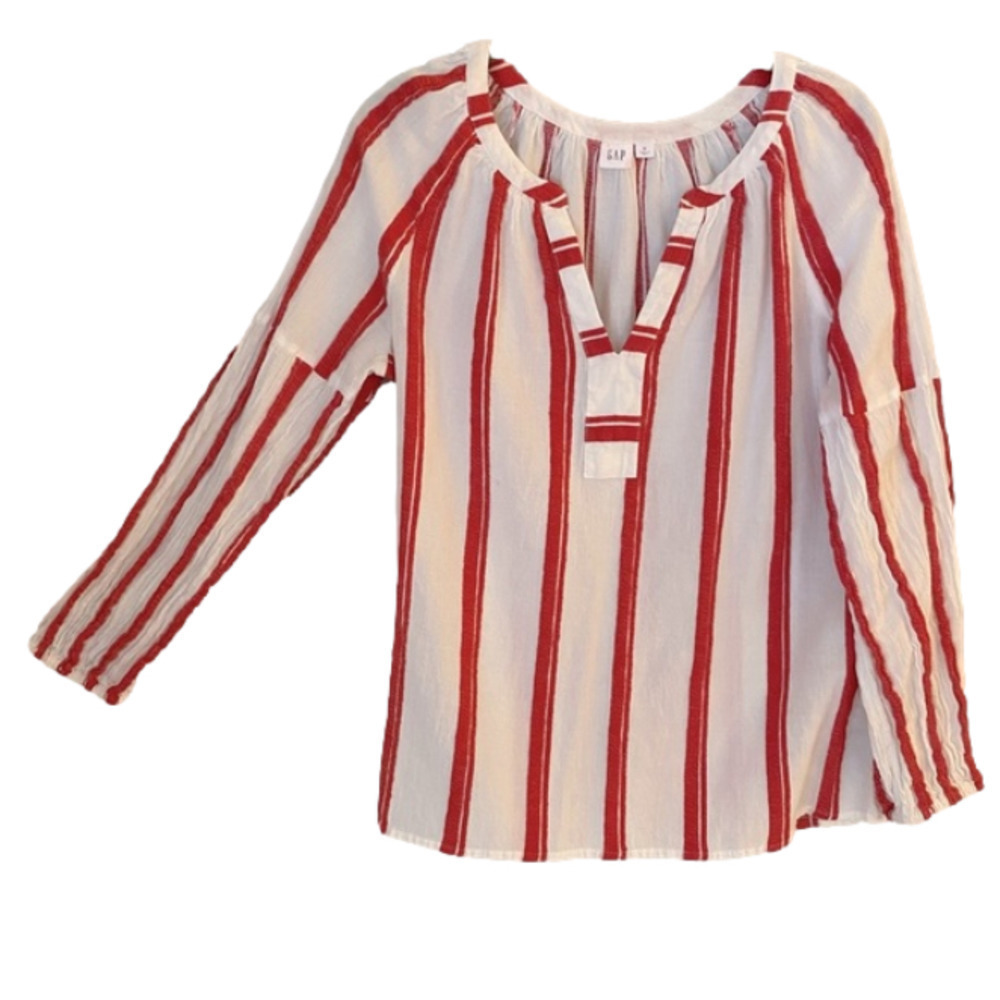 Gap Pullover Top Long Sleeve Split V Neck Striped… - image 2